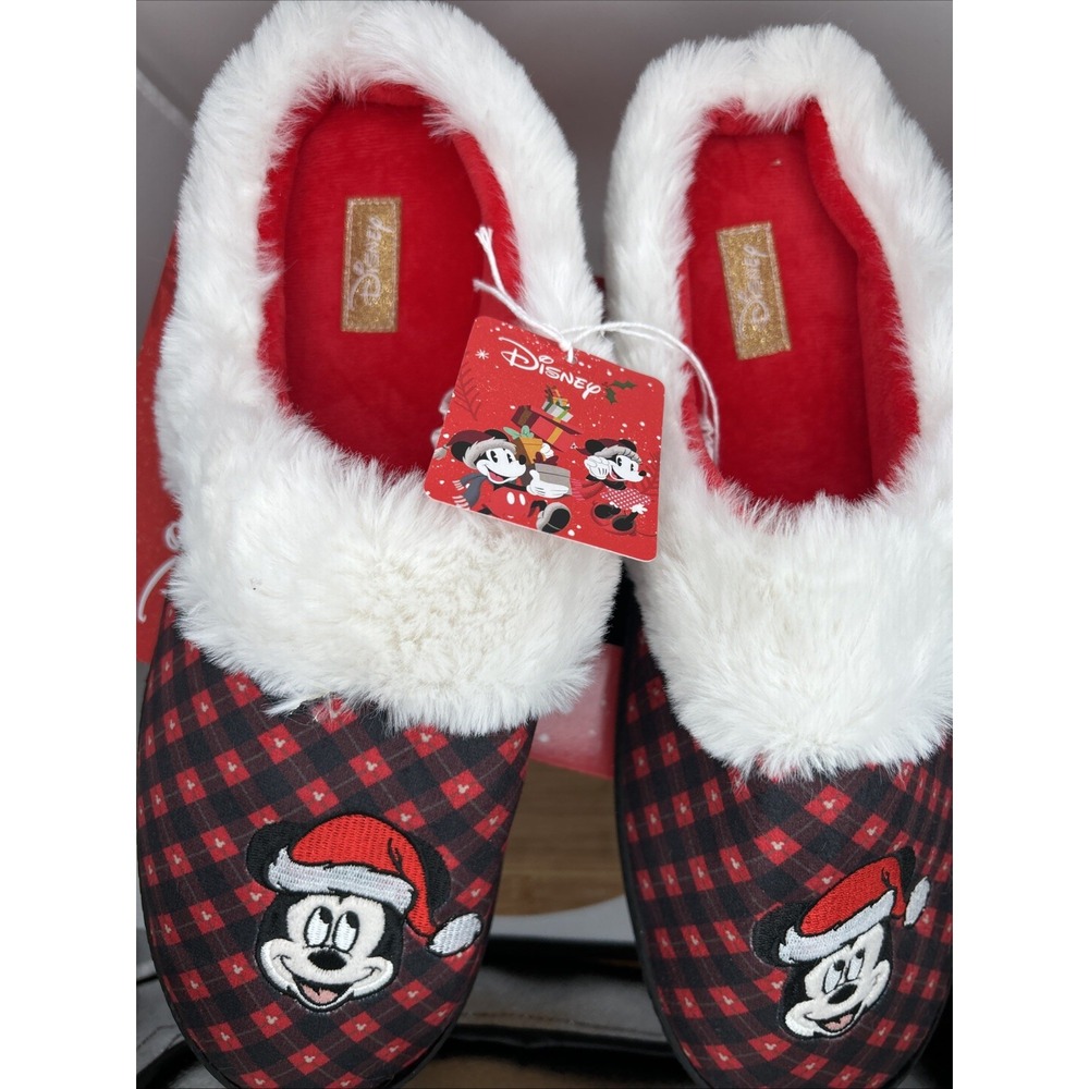 Disney Mens Sz 11/12‎ Christmas Slippers Red Embroidered Mickey W/Santa Hat NEW